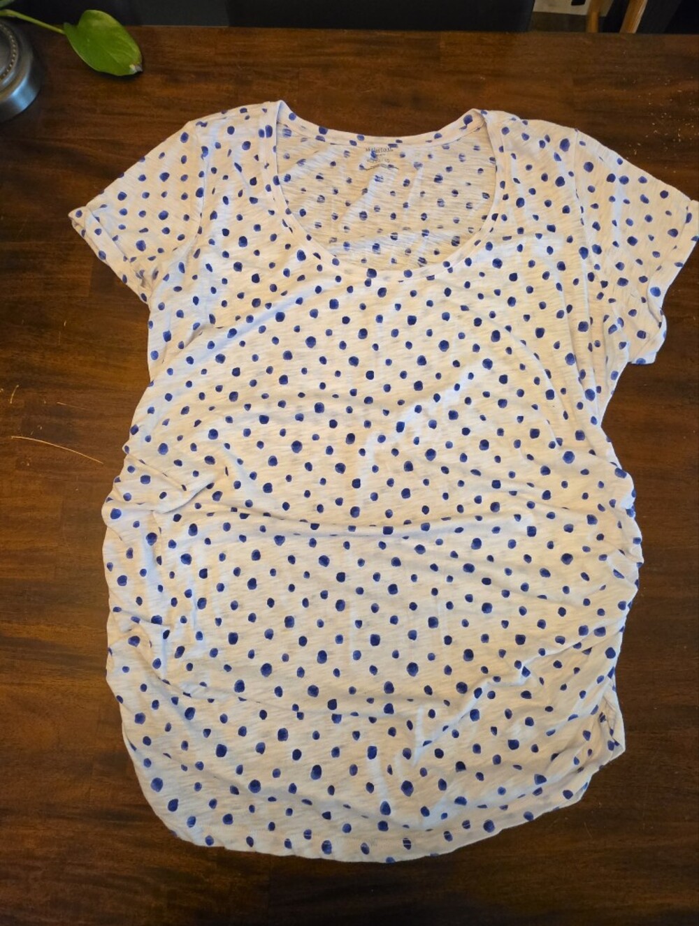 Motherhood Maternity Blue Polka Dot Short Sleeve Ruched